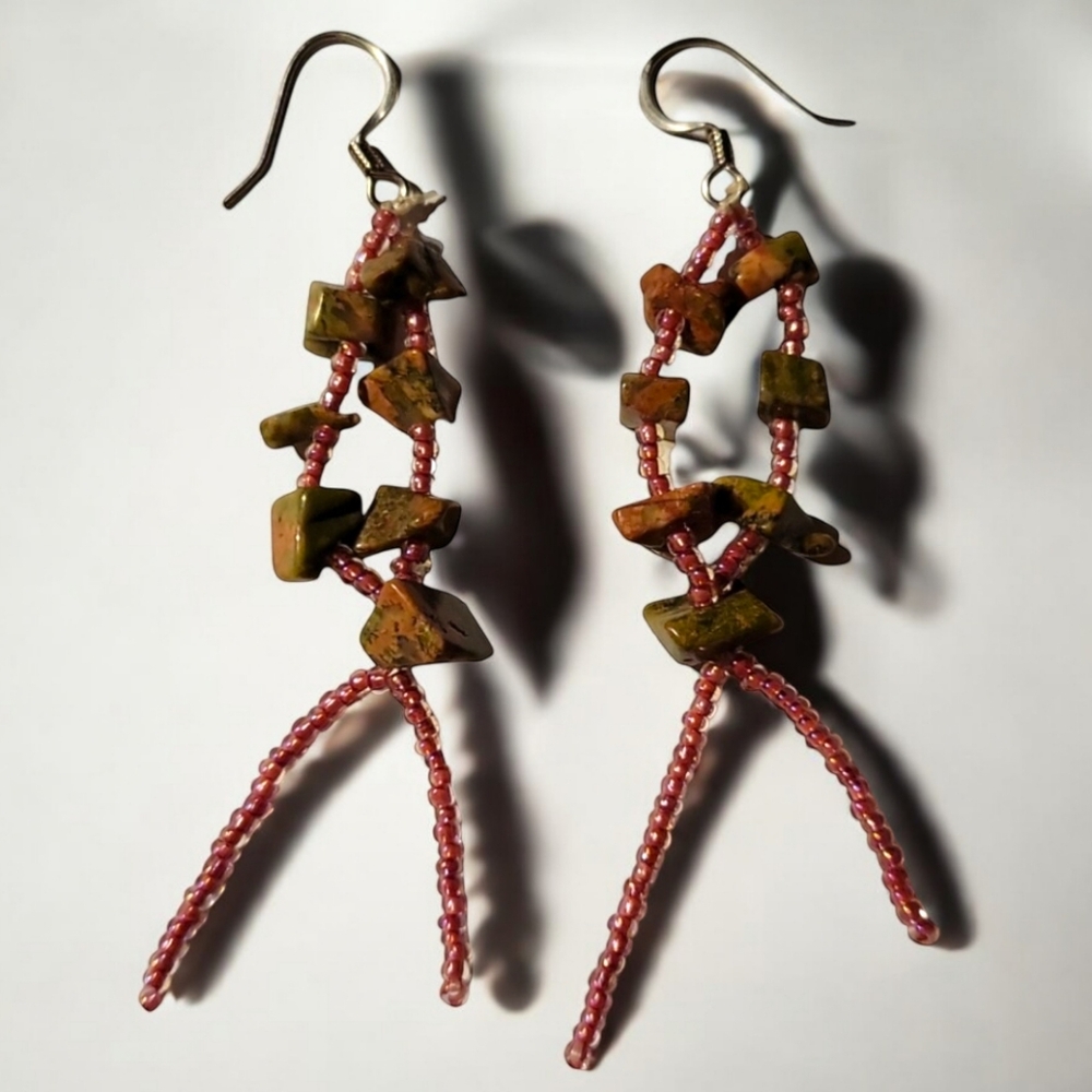 Hand Crafted Fish Hook Wire Pierced Dangle Beaded Gemstone Earrings